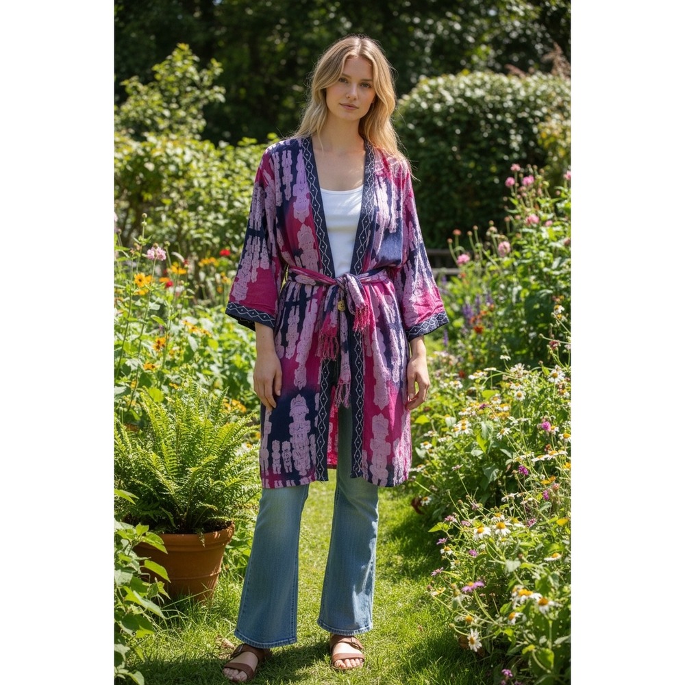 Magic Pink Navy Tie Dye Rayon Duster Cardigan Kimono with Scarf Free Size Boho